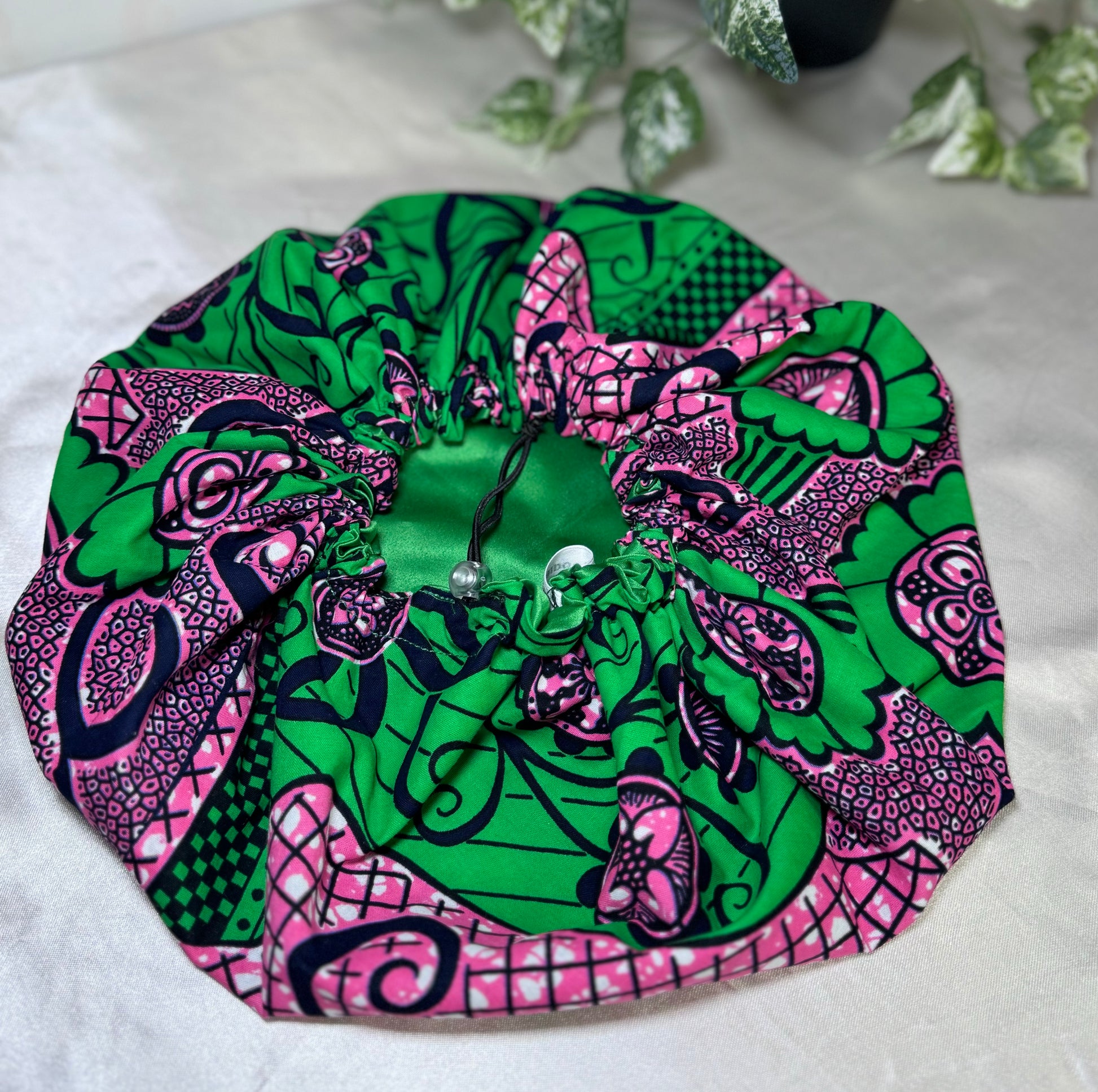 Green silk hair bonnet pink designs front side