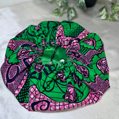 Green silk hair bonnet pink designs front side