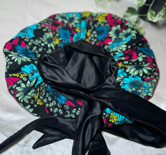 front black head tie floral black silk