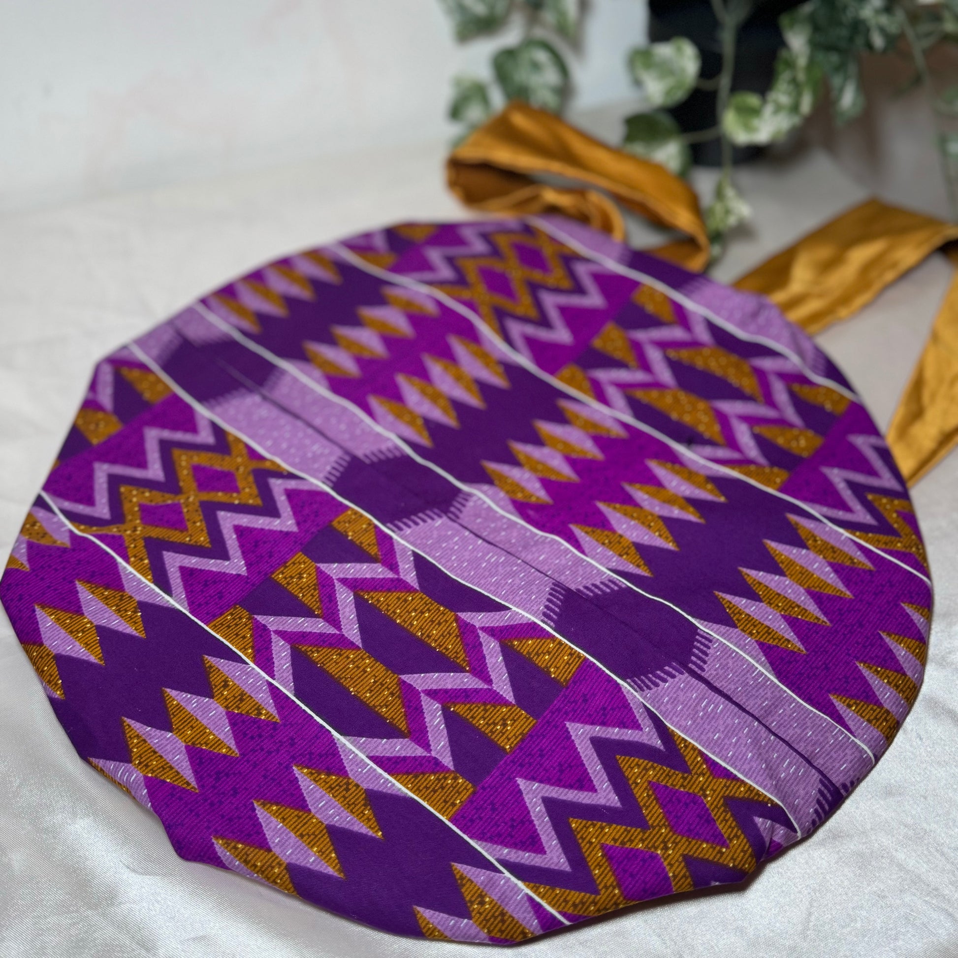 back side gold silk bonnet purple hair bonnet kente hair bonnet