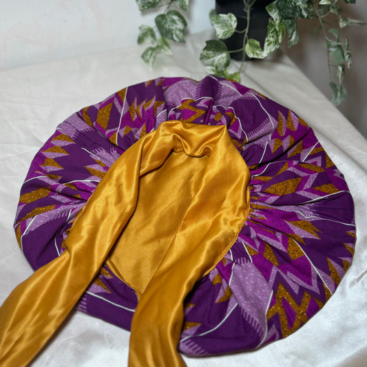 front side gold silk bonnet purple hair bonnet kente hair bonnet