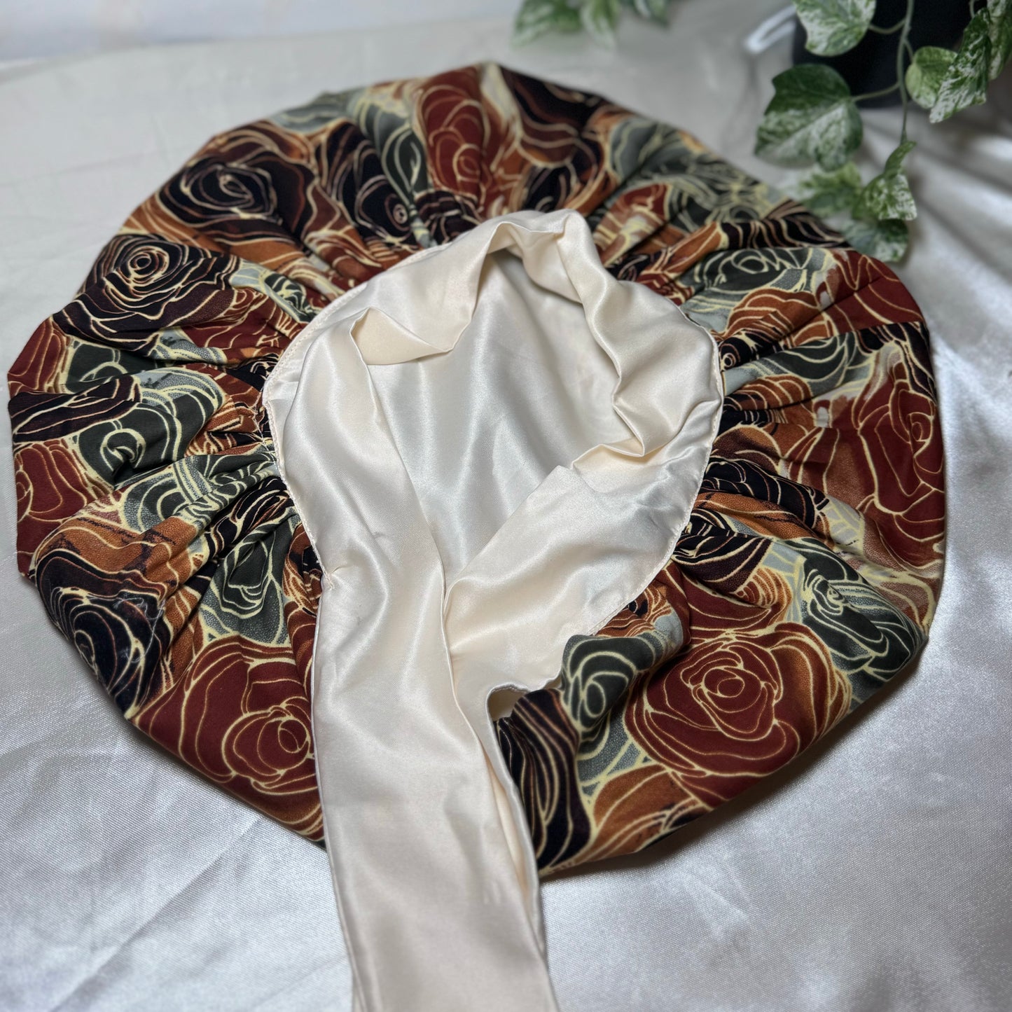 Cream & Beige Floral Head Tie Silk Bonnet